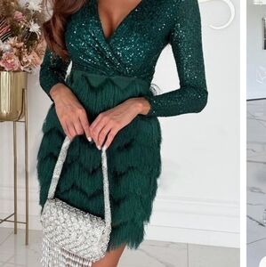 Green Sequin & Fringe Cocktail Dress